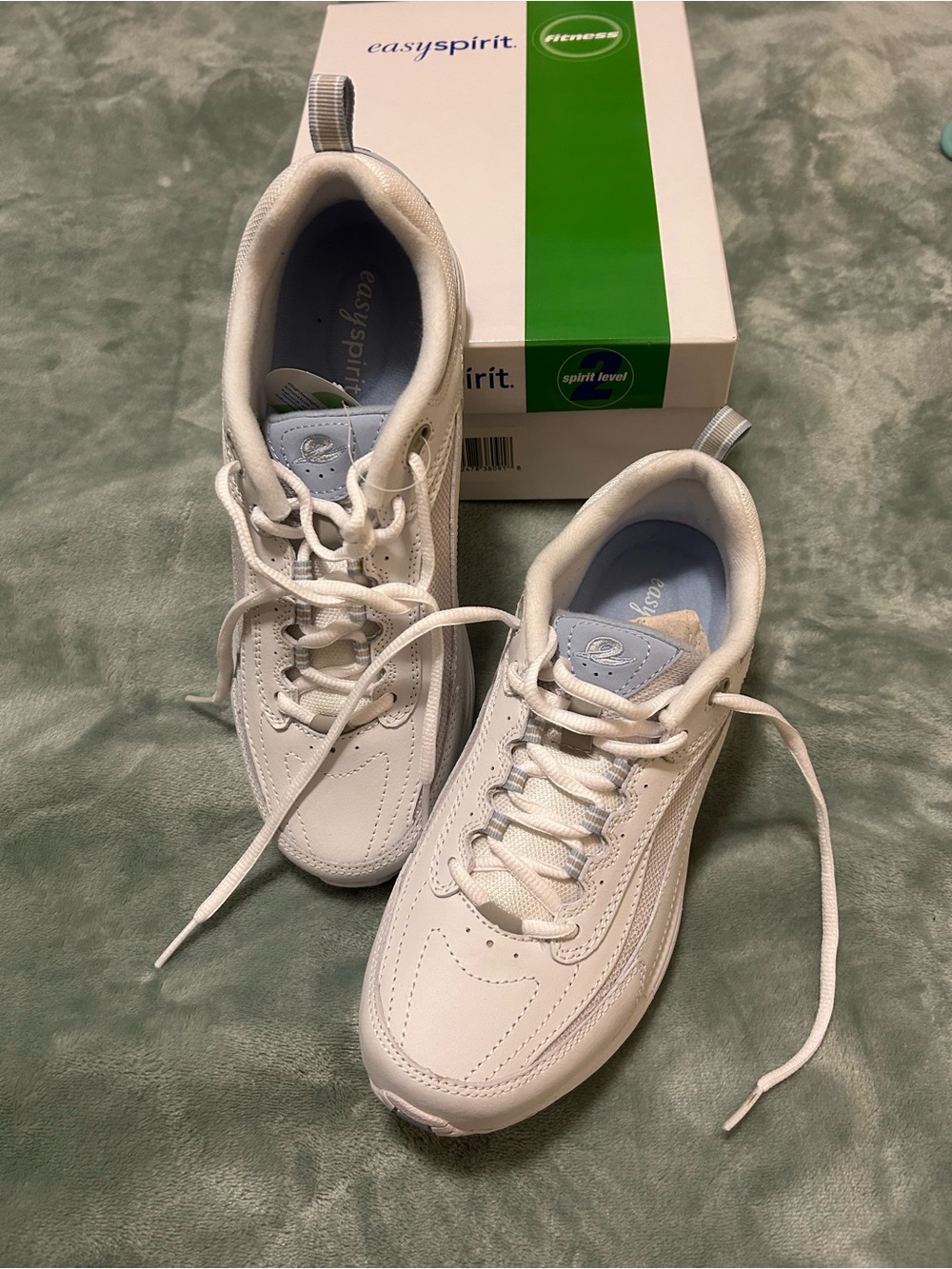Easy Spirit Women's White Lace-Up Leather Sneakers with Light Blue Lining